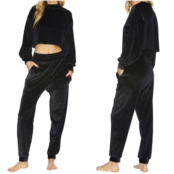 Beach Riot Josie Black Metallic Sparkle Glitter Velvet Jogger Lounge Pant - Picture 3 of 11